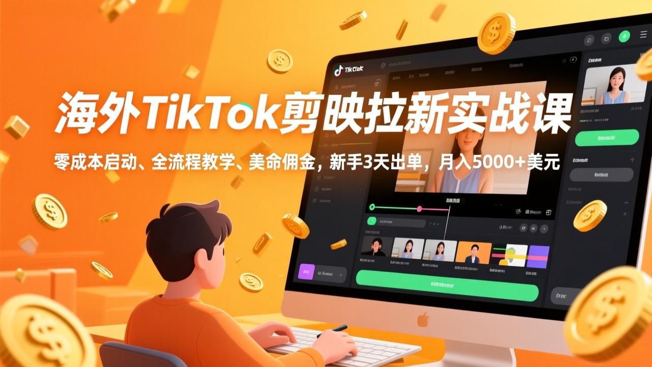海外TikTok剪映拉新实战课，零成本启动、全流程教学、美金佣金，新手3天出单，月入5000+美元-千汇网创