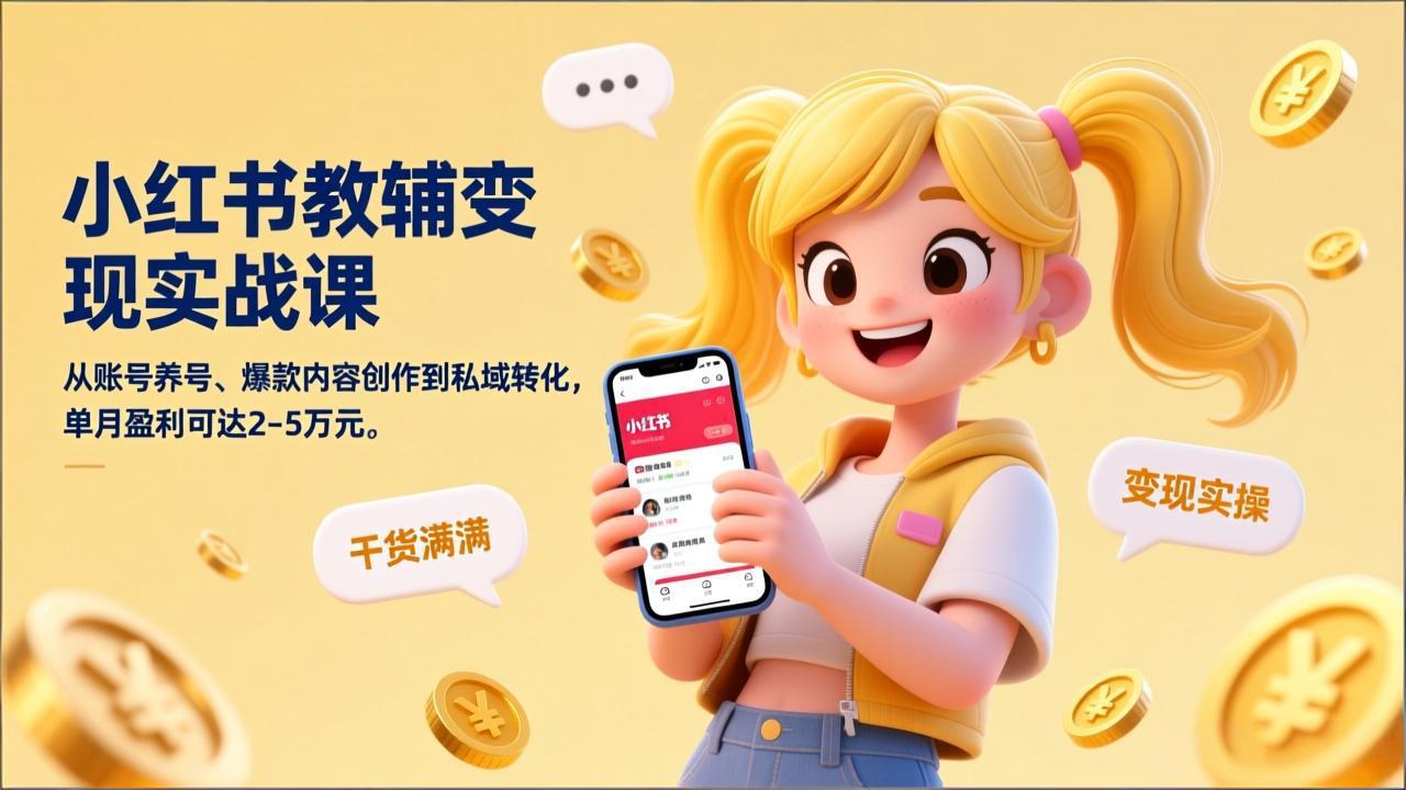 小红书教辅变现实战课，从账号养号、爆款内容创作到私域转化，单月盈利可达2-5万元-千汇网创