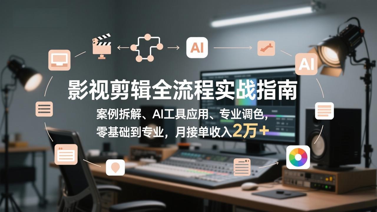 影视剪辑全流程实战指南，案例拆解、AI工具应用、专业调色，零基础到专业，月接单收入2万+-千汇网创