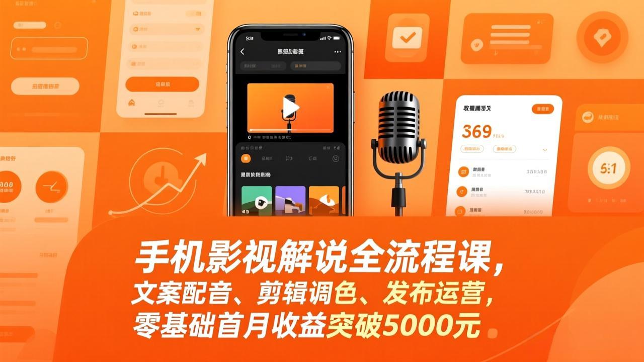 手机影视解说全流程课，文案配音、剪辑调色、发布运营，零基础首月收益突破5000元-千汇网创