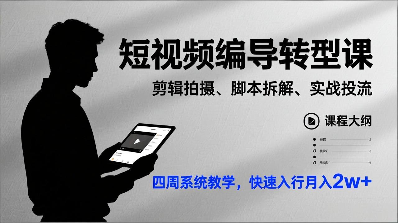 短视频编导转型课，剪辑拍摄、脚本拆解、实战投流，四周系统教学，快速入行月入2w+-千汇网创