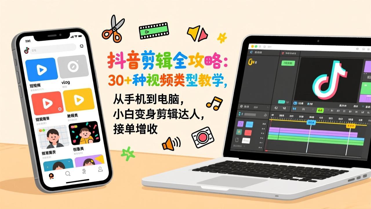 抖音剪辑全攻略：30+种视频类型教学，从手机到电脑，小白变身剪辑达人，接单增收-千汇网创