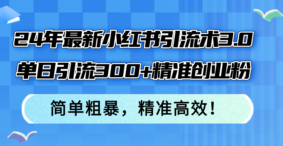 24年最新小红书引流术3.0，单日引流300+精准创业粉，简单粗暴，精准高效！-千汇网创