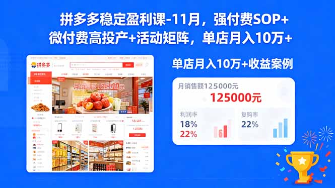 拼多多稳定盈利课-11月，强付费SOP+微付费高投产+活动矩阵，单店月入10w+-千汇网创