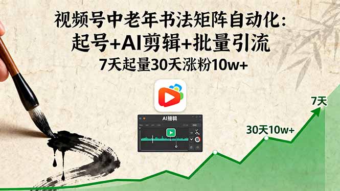 视频号中老年书法矩阵自动化：起号+AI剪辑+批量引流 7天起量30天涨粉10w+-千汇网创