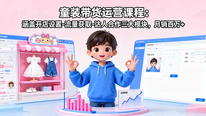 童装带货运营课程：涵盖开店设置-流量获取-达人合作三大模块，月销百万+-千汇网创