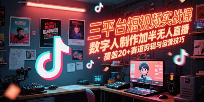 三平台短视频实战课，数字人制作加半无人直播，覆盖20+赛道剪辑与运营技巧-千汇网创