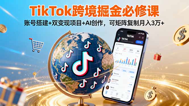 TikTo跨境掘金必修课，账号搭建+双变现项目+AI创作，可矩阵复制月入3万+-千汇网创
