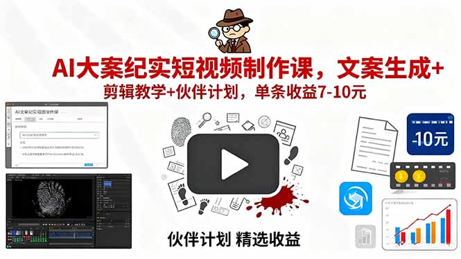 AI大案纪实短视频制作课，文案生成+剪辑教学+伙伴计划，单条收益7-10元-千汇网创