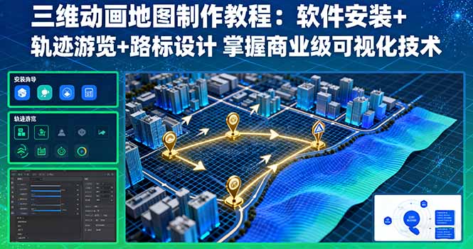 三维动画地图制作教程：软件安装+轨迹游览+路标设计 掌握商业级可视化技术-千汇网创