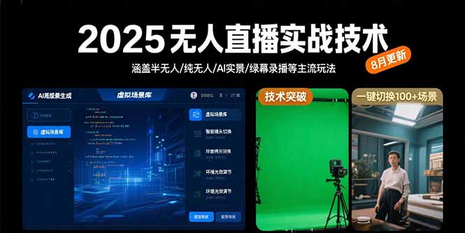 2025无人直播实战技术-8月，涵盖半无人/纯无人/AI实景/绿幕录播等主流玩法-千汇网创