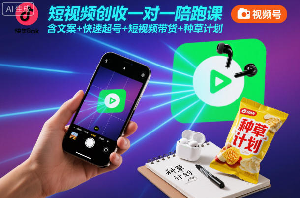 短视频创收一对一陪跑课，含文案+快速起号+短视频带货+种草计划-千汇网创