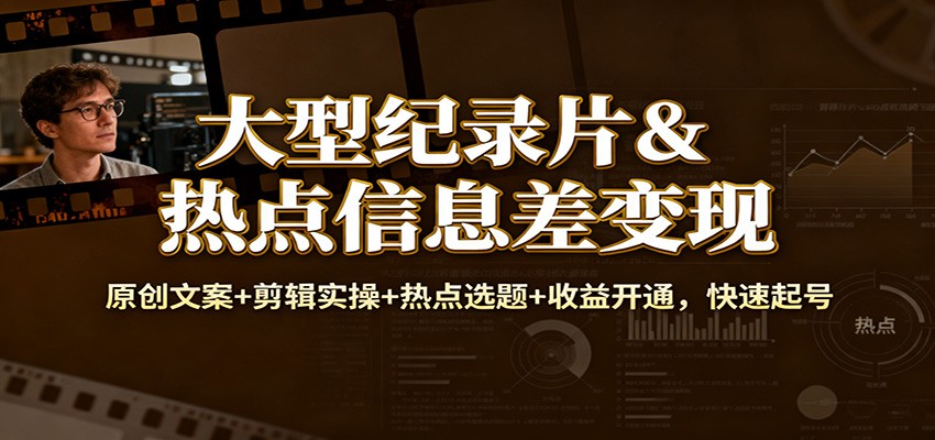 大型纪录片&热点信息差变现：原创文案+剪辑实操+热点选题+收益开通，快速起号-千汇网创