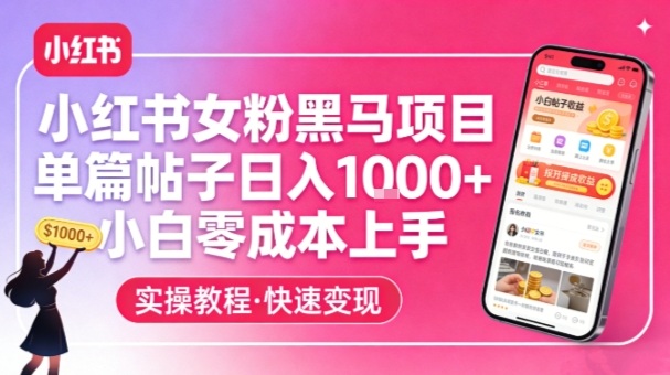 小红书女粉黑马项目，单篇帖子日入1k+，小白零成本上手-千汇网创