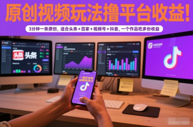 原创视频玩法撸平台收益，3分钟一条原创，适合头条+百家+视频号+抖音，一个作品吃多份收益-千汇网创