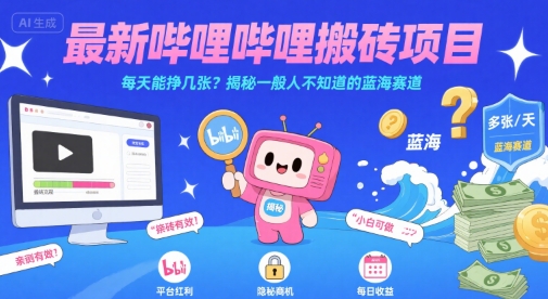 最新哔哩哔哩上B站搬砖项目，每天能挣几张？揭秘一般人不知道的蓝海赛道-千汇网创