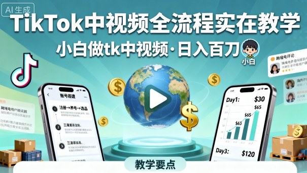TikTok中视频全流程实操教学，小白做tk中视频，日入百刀-千汇网创