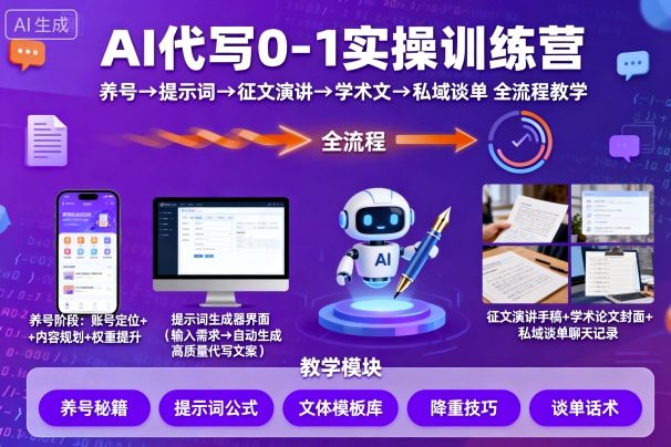 AI代写0-1实操训练营，从养号、提示词、征文演讲、学术文，到私域谈单的全流程教学-千汇网创