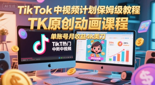 TikTok中视频计划保姆级教程，TK原创动画课程，单账号月收益4k美刀-千汇网创