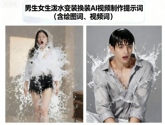 男生女生泼水变装换装AI视频制作提示词(含绘图词、视频词)-千汇网创