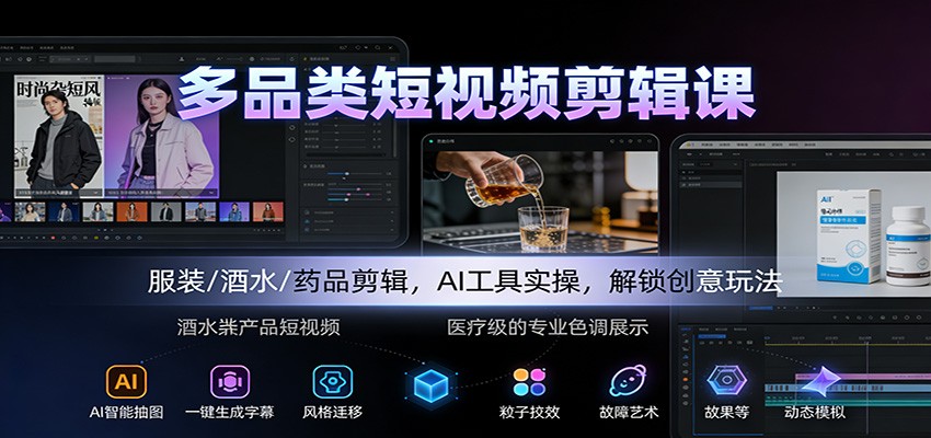 多品类短视频剪辑课：服装/酒水/药品剪辑，AI工具实操，解锁创意玩法-千汇网创
