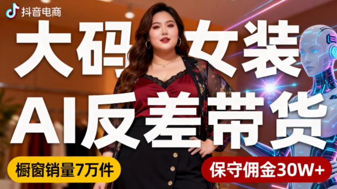 抖音小众赛道，大码女装AI反差带货，不用直播，每天6条作品，橱窗卖7万件，保守佣金30W+-千汇网创