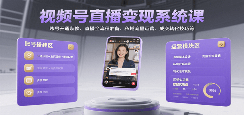视频号直播变现系统课，账号开通装修、直播全流程准备、私域流量运营、成交转化技巧等-千汇网创