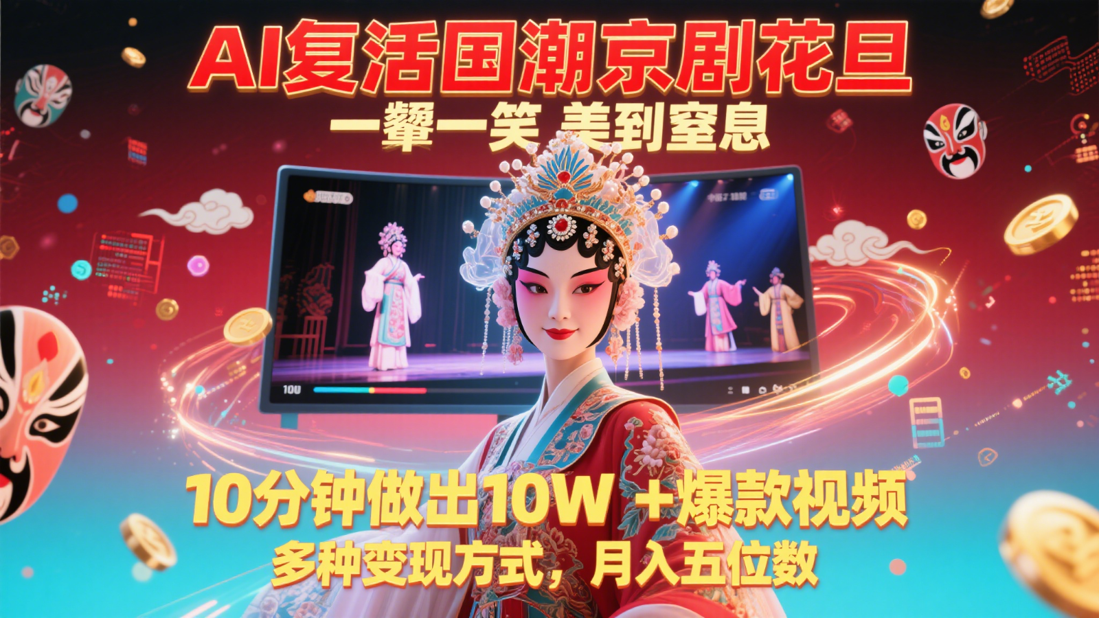 AI复活国潮京剧花旦，一颦一笑美到窒息，10分钟做出10W+爆款视频，多种变现方式-千汇网创