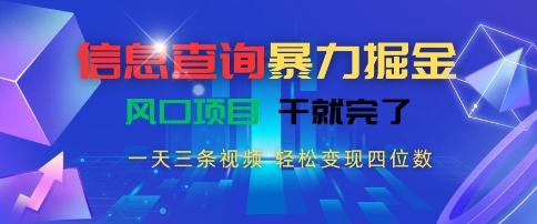 信息查询暴力掘金，一天三条视频，轻松变现四位数，风口项目干就完了【揭秘】-千汇网创
