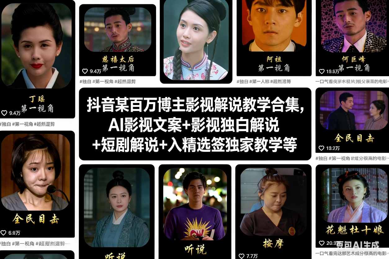 抖音某百万博主影视解说教学合集，AI影视文案+影视独白解说+短剧解说+入精选签独家教学等-千汇网创