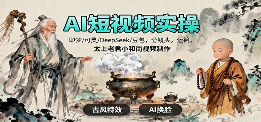 AI短视频实操，即梦/可灵/DeepSeek/豆包，分镜头，运镜，太上老君小和尚视频制作-千汇网创