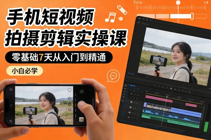 手机短视频拍摄剪辑实操课，零基础7天从入门到精通，小白必学-千汇网创