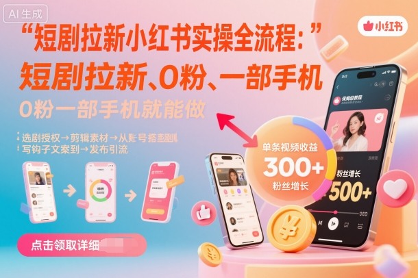 短剧拉新小红书实操全流程，0粉一部手机就可以做，详细教程-千汇网创