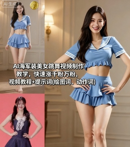 AI海军装美女跳舞视频制作教学，快速涨千粉万粉，视频教程+提示词(绘图词、动作词)-千汇网创
