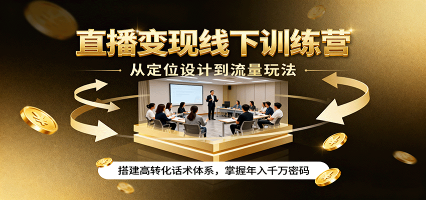 直播变现线下训练营，从定位设计到流量玩法，搭建高转化话术体系，掌握年入千万密码-千汇网创