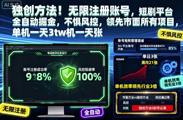 独创方法！无限注册账号，短剧平台全自动掘金，不惧风控，领先市面所有项目，单机一天3张【揭秘】-千汇网创