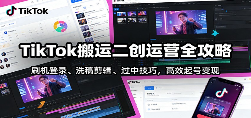 TikTok搬运二创运营全攻略：刷机登录、洗稿剪辑 、过中技巧，高效起号变现-千汇网创