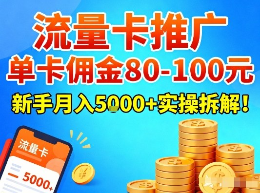 流量卡推广，单卡佣金80-100，新手月入5k+实操拆解！-千汇网创