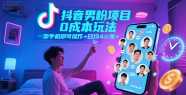 抖音男粉项目0成本玩法，一部手机即可操作，日均4张+，时间自由-千汇网创