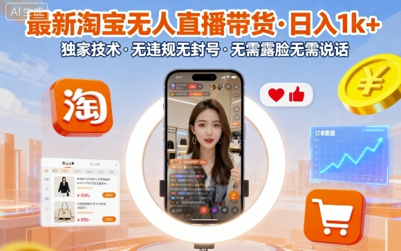 最新淘宝无人直播带货，日入1k+，独家技术，无违规无封号，无需露脸无需说话【揭秘】-千汇网创