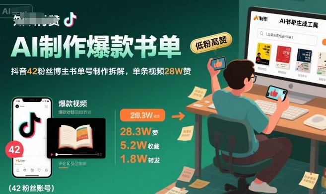 AI制作爆款书单，抖音42粉丝博主书单号制作拆解，单条视频28W赞-千汇网创