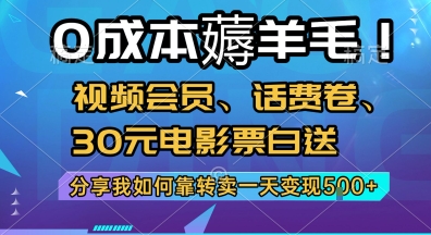 0成本薅羊毛!视频会员、话费卷、30元电影票白送，分享我如何靠转卖一天变现5张+【揭秘】-千汇网创
