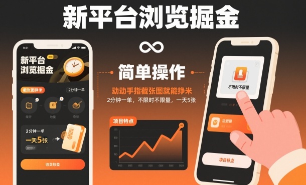 新平台浏览掘金，动动手指截张图就能挣米，2分钟一单，不限时不限量，一天5张【揭秘】-千汇网创