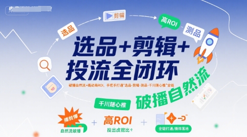 选品+剪辑+投流全闭环，破播自然流+撬动高ROI，手把手打通“选品-剪辑-测品-千川随心推”全链-千汇网创