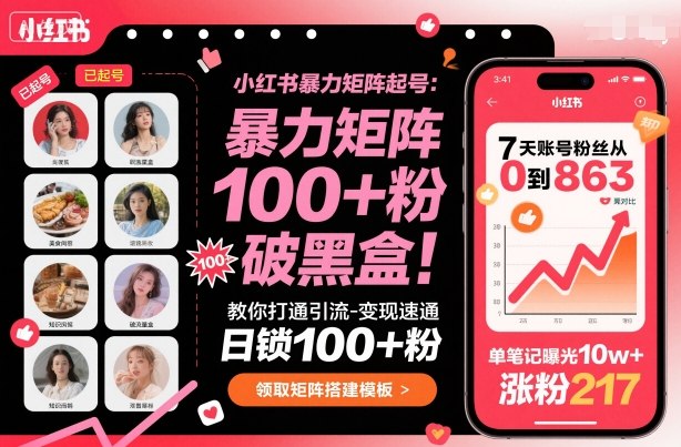 小红书暴力矩阵起号，教你打通引流-变现速通，日锁100+粉，破流量黑盒-千汇网创