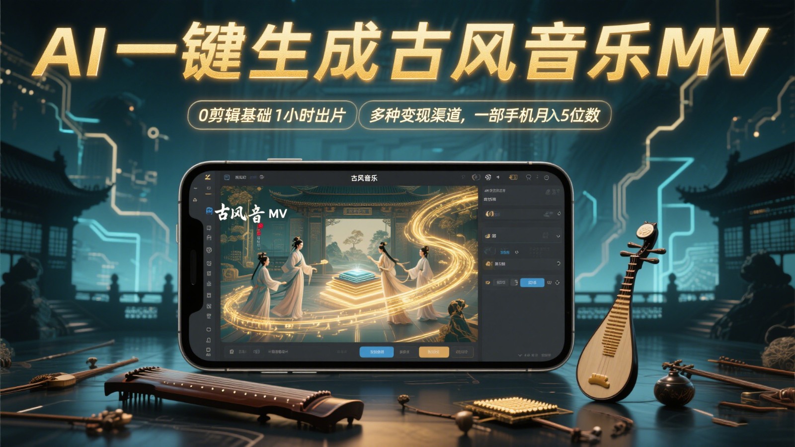 AI一键生成古风音乐MV，0剪辑基础1小时出片，多种变现渠道，一部手机月入5位数-千汇网创