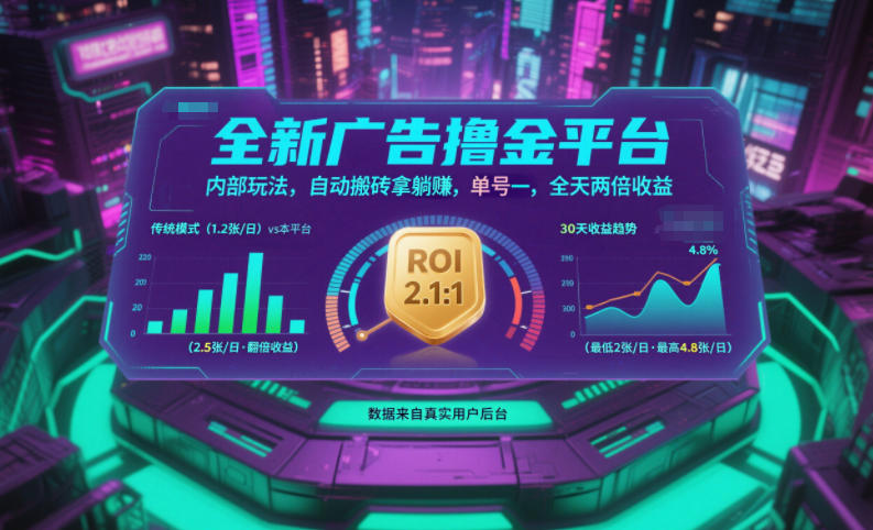 全新广告撸金平台，内部玩法，自动搬砖拿躺賺，单号一天保底2张+，全天两倍收益【揭秘】-千汇网创