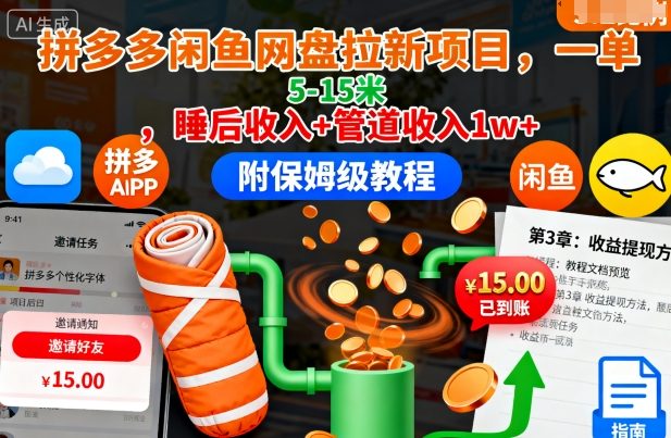 拼多多闲鱼网盘拉新项目，一单5-15米，睡后收入+管道收入1w+(附保姆级教程)-千汇网创