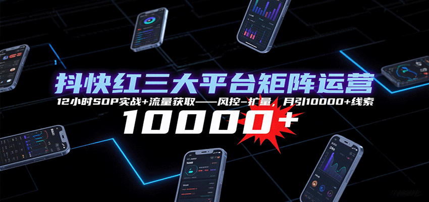 抖快红三大平台矩阵运营，12小时SOP实战+流量获取-风控-扩量，月引10000+线索-千汇网创