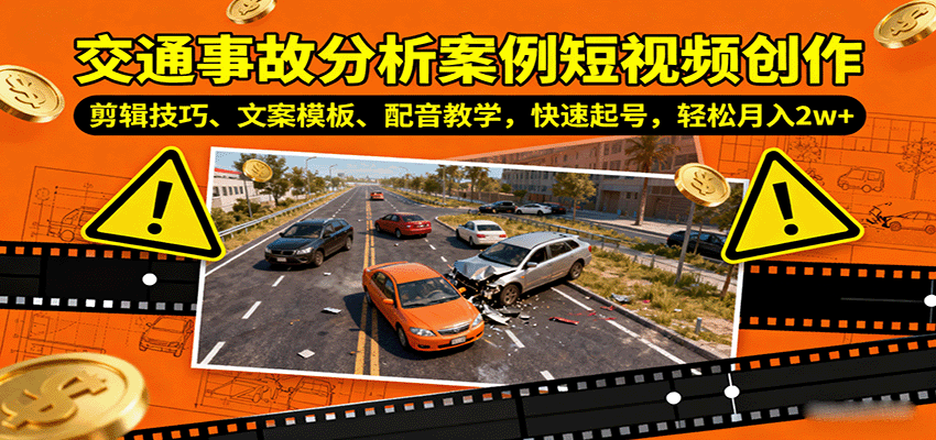 交通事故分析案例短视频创作，剪辑技巧、文案模板、配音教学，快速起号，轻松月入2w+-千汇网创